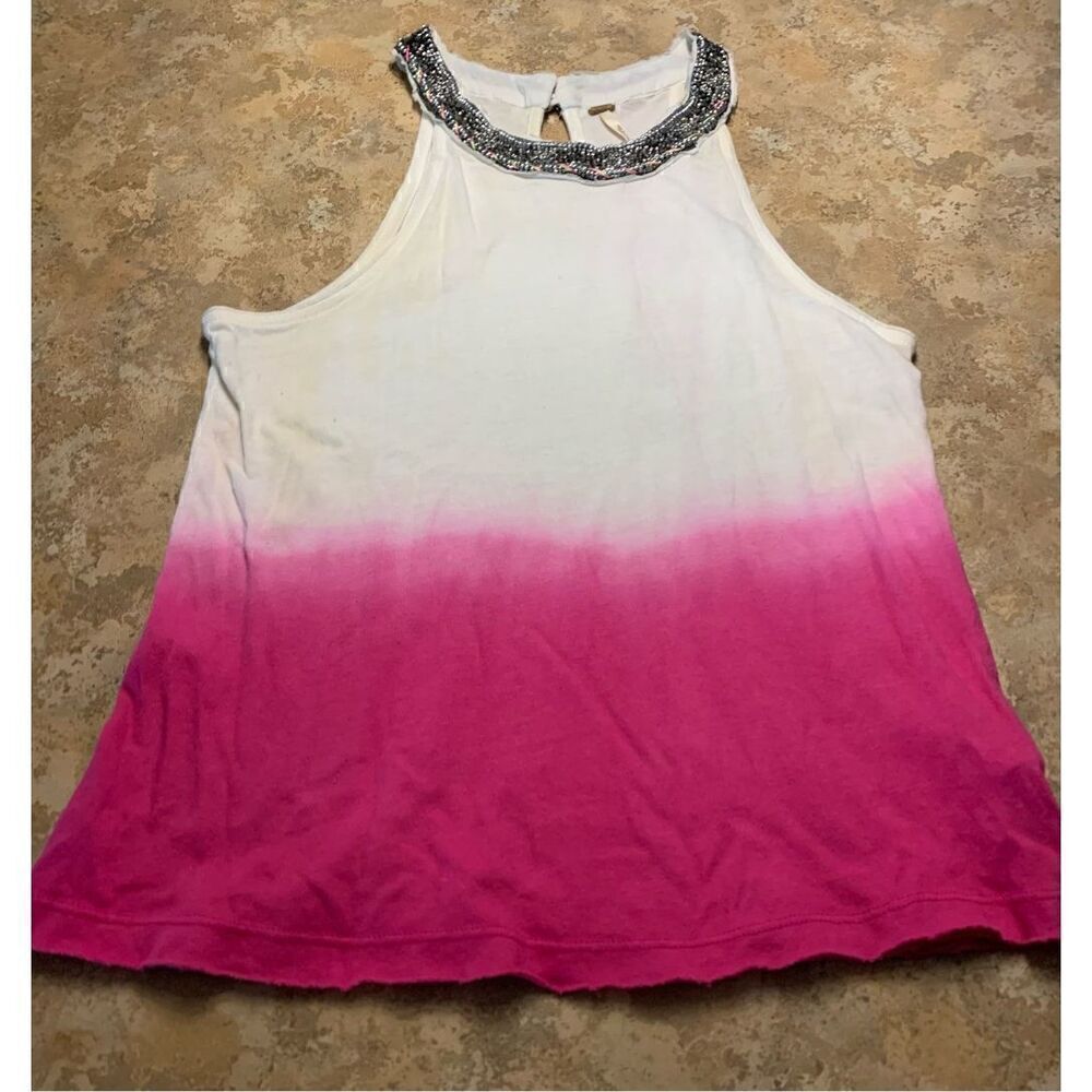 FREE PEOPLE PINK & WHITE OMBRÉ BEADED NECKLINE BOHO SWING TANK TOP sz S
